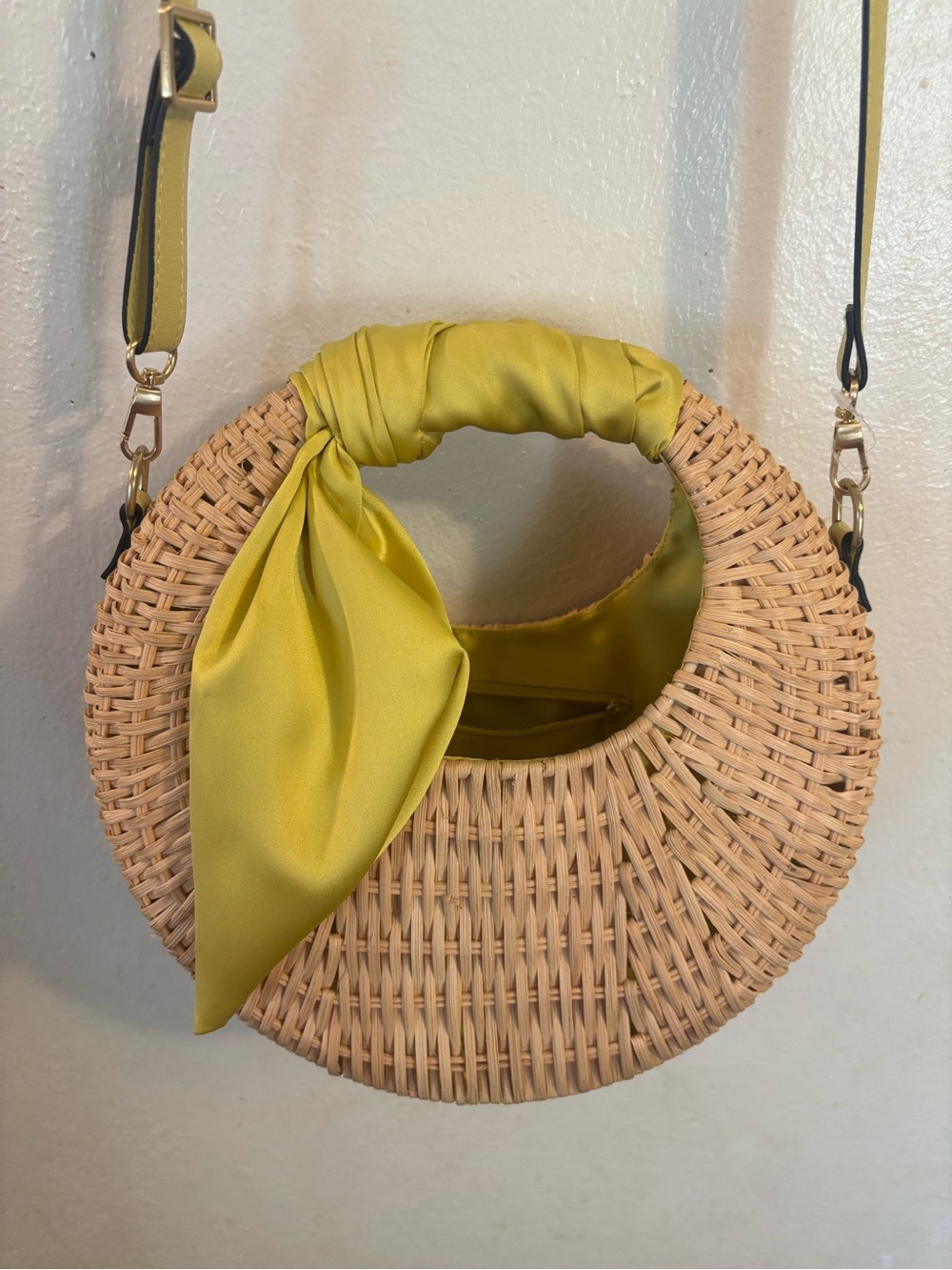 Round Wicker Crossbody Bag with Chartreuse Scarf Accent